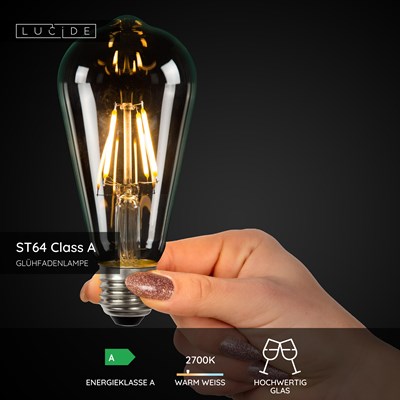 Lucide ST64 Class A - Glühfadenlampe - Ø 6,4 cm - LED - E27 - 1x7W 2700K - Transparent